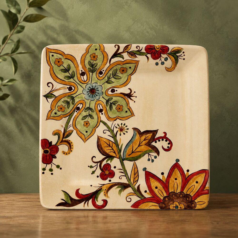 Pier 1 Imports Carynthum Square Plate Serving Dinner Hand Painted Floral 10.5”